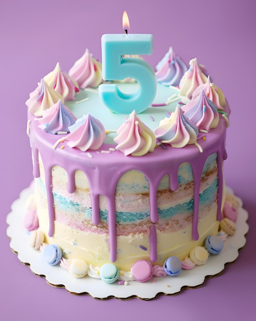 Um delicioso bolo de aniversário com a vela número 5 Cinco Anos