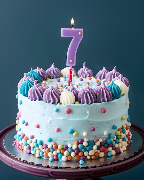 Um delicioso bolo de aniversário com a vela número 7 Sete Anos