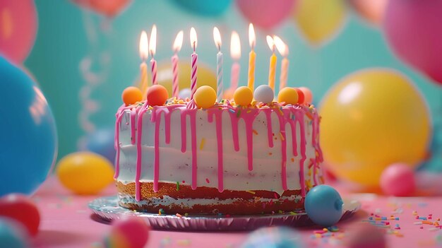 Um delicioso bolo de aniversário com cobertura rosa e salpicaduras coloridas O bolo está cercado por balões coloridos e um chapéu de festa