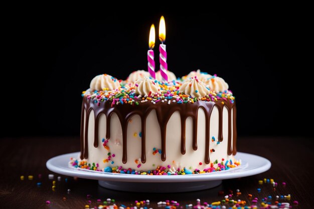 Um delicioso bolo de aniversário com salpicaduras.