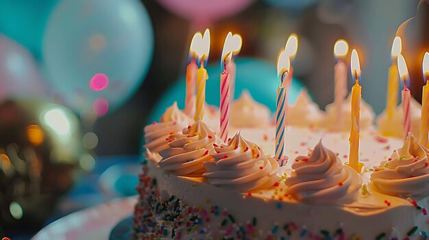 Um delicioso bolo de aniversário com velas acesas o bolo é decorado com glasura branca e salpicaduras coloridas