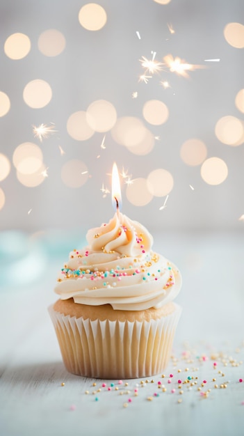 Um delicioso bolo de aniversário na mesa com um fundo claro.