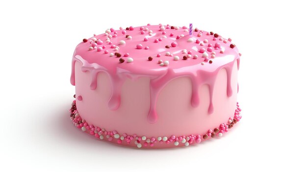 Foto um delicioso bolo de aniversário rosa com uma única vela no topo o bolo é decorado com salpicaduras cor-de-rosa e brancas e tem uma cobertura rosa