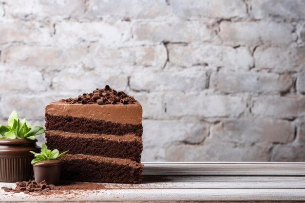 Foto um delicioso bolo de chocolate caseiro perto de uma parede de tijolos brancos.