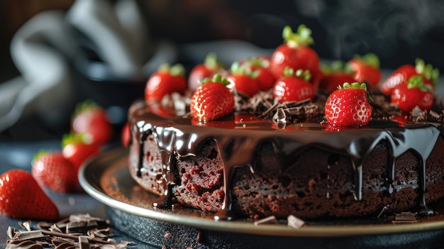 Um delicioso bolo de chocolate com morangos frescos