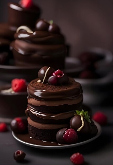 Um delicioso bolo de chocolate de três camadas com ganache e framboesas frescas Criado com iA