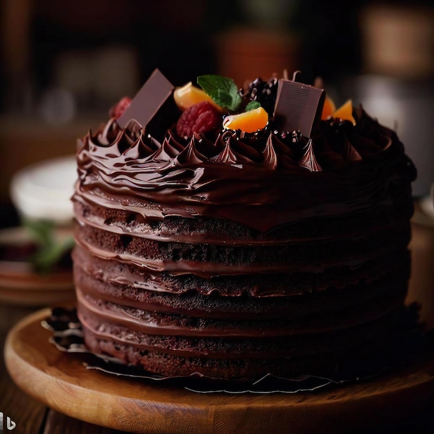 Um delicioso bolo de chocolate.