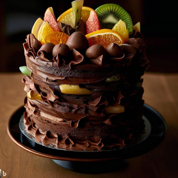 Um delicioso bolo de chocolate.