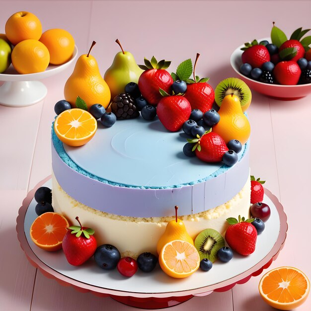 Foto um delicioso bolo de frutas com bagas sobre um fundo rosa