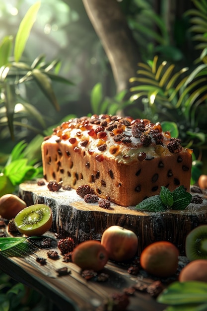 Um delicioso bolo de frutas em uma floresta exuberante