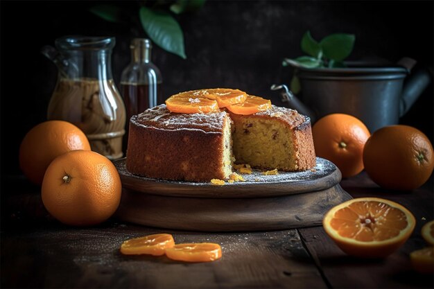 Um delicioso bolo de laranja e rodelas de laranja