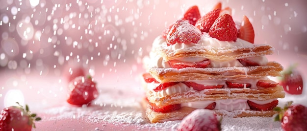 Um delicioso bolo de morango salpicado de açúcar em pó em meio a um fundo rosa espumante mágico