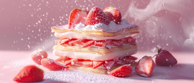 Um delicioso bolo de morango salpicado de açúcar em pó em meio a um fundo rosa espumante mágico