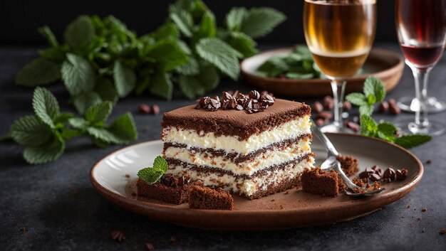 Um delicioso bolo de tiramisu com hortelã