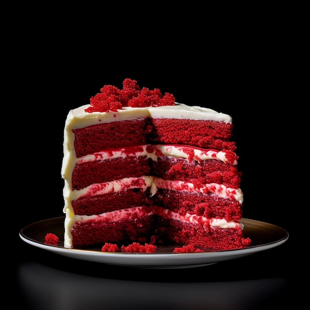 Um delicioso bolo de veludo vermelho com cobertura cremosa em um prato contra um fundo preto