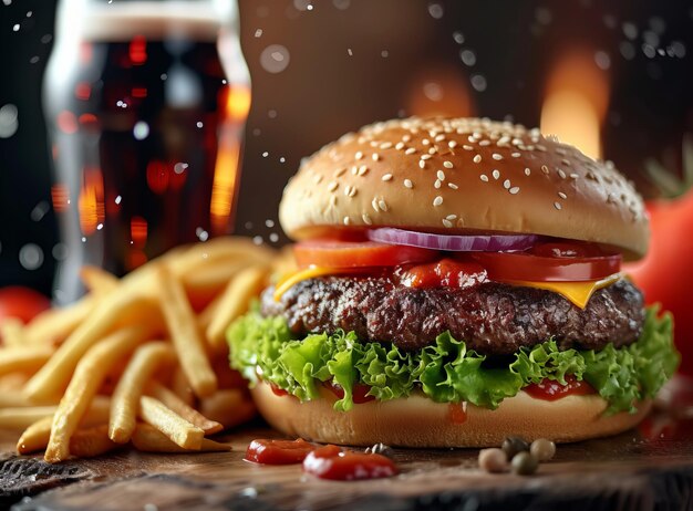 Um delicioso cheeseburger com batatas fritas e refrigerante numa mesa de madeira uma refeição de fast food para clientes com fome