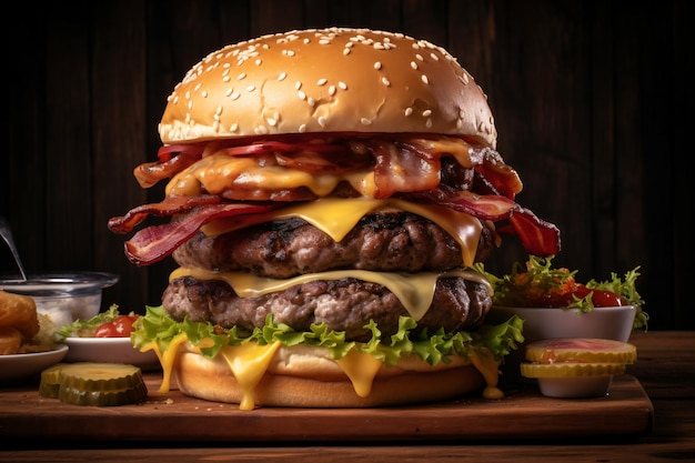 Um delicioso cheeseburger duplo com bacon e todos os adereços.