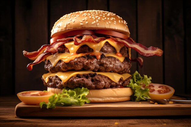 Um delicioso cheeseburger duplo com bacon e tomate.