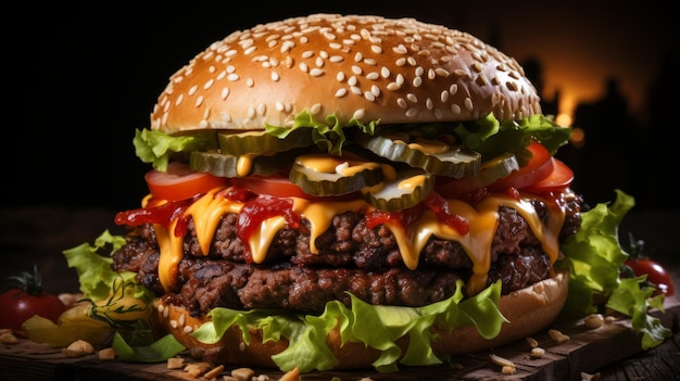 Um delicioso cheeseburger duplo com picles em close-up.