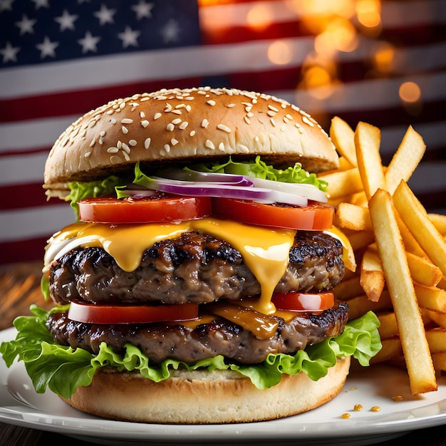 Um delicioso cheeseburger e batatas fritas ao fundo da bandeira americana.