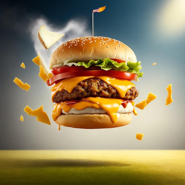 Um delicioso cheeseburger incrível com salto