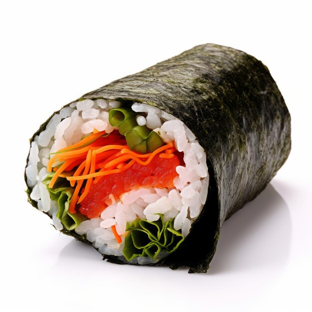 Um delicioso close-up de um rolo de sushi colorido em um fundo branco limpo
