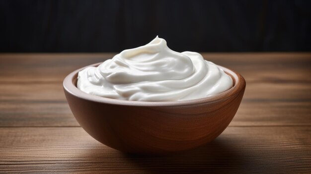 Foto um delicioso creme branco suave é exibido em uma tigela de madeira destacando sua textura brilhante e rica consistência