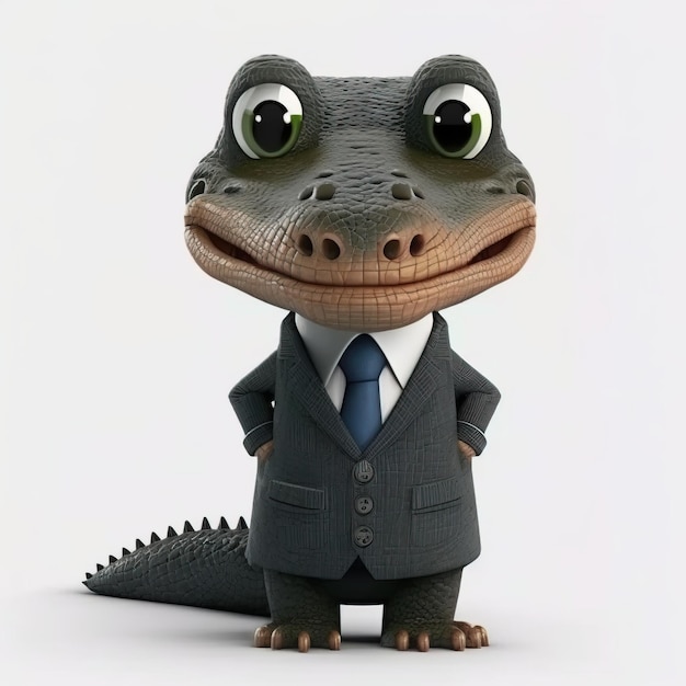 Um delicioso crocodilo de desenho animado vestido com um terno de chefe contra um fundo branco