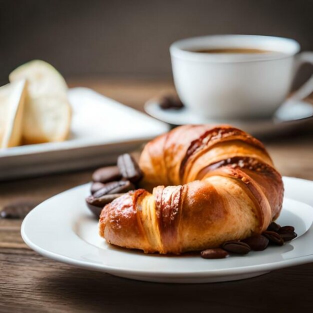 Foto um delicioso croissant ao lado de uma deliciosa chávena de café orgânico