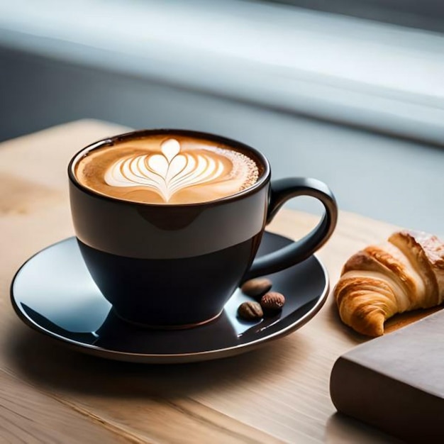 Foto um delicioso croissant ao lado de uma deliciosa chávena de café orgânico