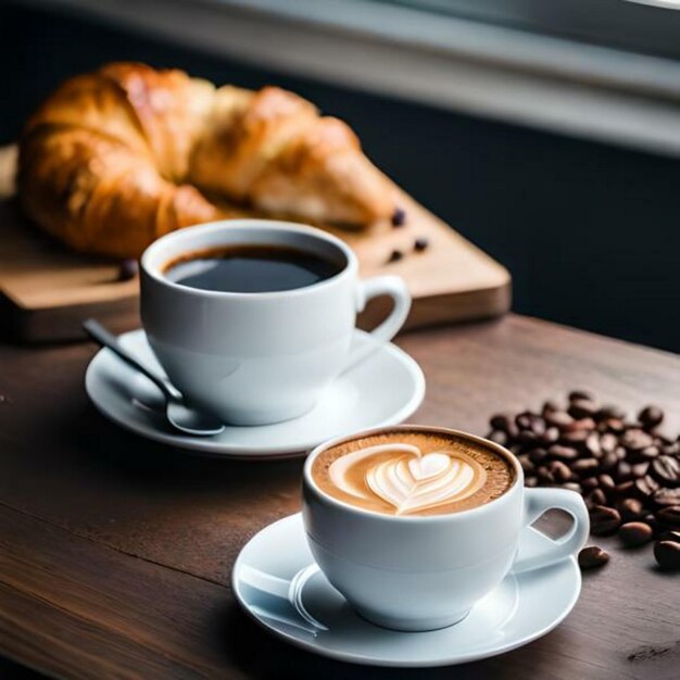 Foto um delicioso croissant ao lado de uma deliciosa chávena de café orgânico