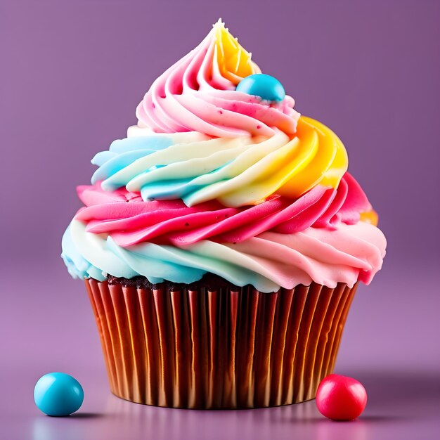 Um delicioso cupcake com cobertura colorida.