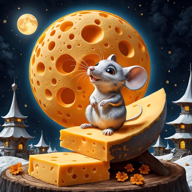 Um delicioso desenho animado 3D de uma lua feita inteiramente de queijo cheddar completo com uma pequena perca de rato