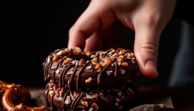 Foto um delicioso donut de chocolate caseiro em uma mesa de madeira gerada por inteligência artificial