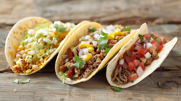 Foto um delicioso e autêntico taco mexicano com carne moída, alface, tomate, cebola e queijo.