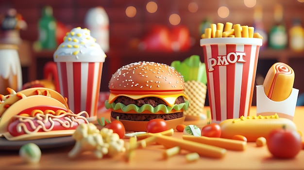 Um delicioso e delicioso prato de fast food, um cheeseburger, batatas fritas e um refrigerante estão todos presentes.
