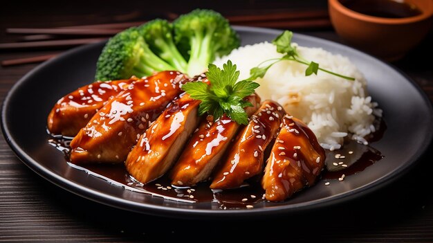 Foto um delicioso filete de frango glaçado teriyaki