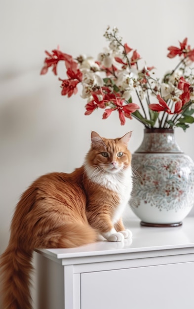 Um delicioso gato vermelho e um buquê com um arranjo floral
