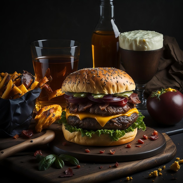 Um delicioso hambúrguer com bacon e queijo amarelo