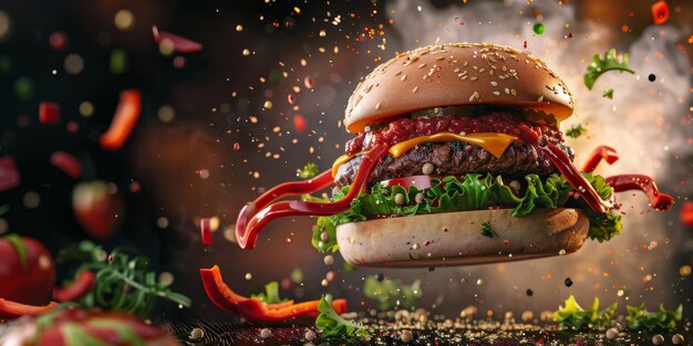 Um delicioso hambúrguer com carne de fast food. IA generativa.