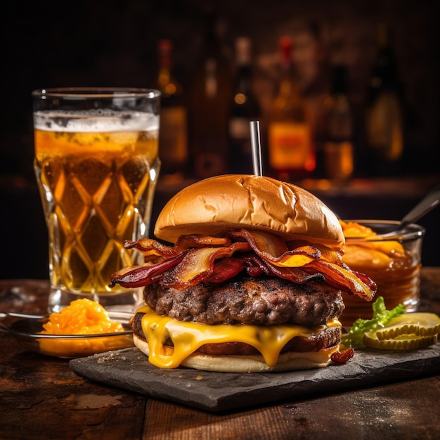 um delicioso hambúrguer de carne com bacon e queijo amarelo acompanhado de um copo de uísque no