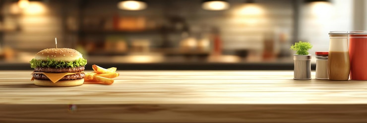 Foto um delicioso hambúrguer em uma mesa de madeira com condimentos e batatas fritas em uma cozinha aconchegante