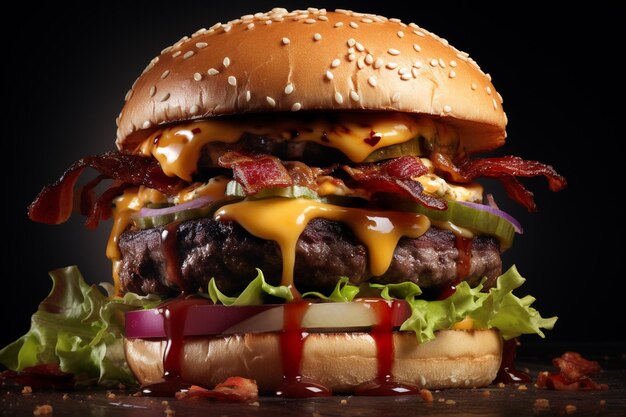 Foto um delicioso hambúrguer sobre um fundo preto na mesa.