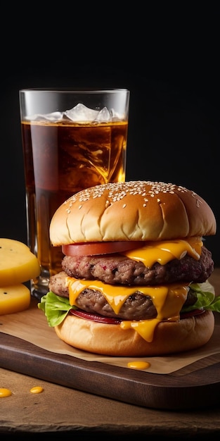 um delicioso hambúrguer triplo de carne com bacon e queijo amarelo acompanhado de um copo de whisky