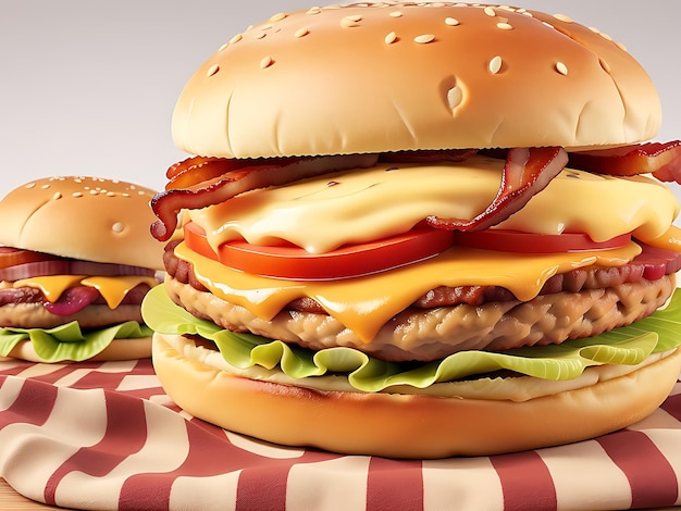 um delicioso hambúrguer triplo de carne com bacon e queijo amarelo