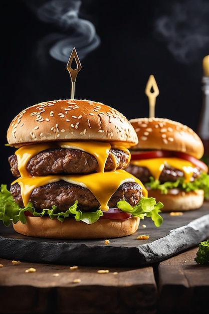 um delicioso hambúrguer triplo de carne com queijo amarelo acompanhado de hambúrguer de carne grossa com queijo com gelo