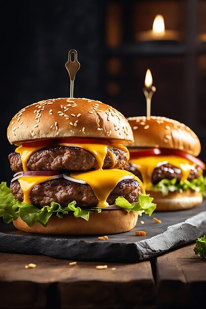 um delicioso hambúrguer triplo de carne com queijo amarelo acompanhado de hambúrguer de carne grossa com queijo com gelo