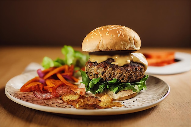 Um delicioso hambúrguer vegano no prato na mesa comida vegana saudável