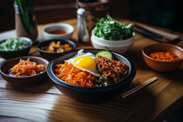 Um delicioso kimchi bibimbap na chapa preta