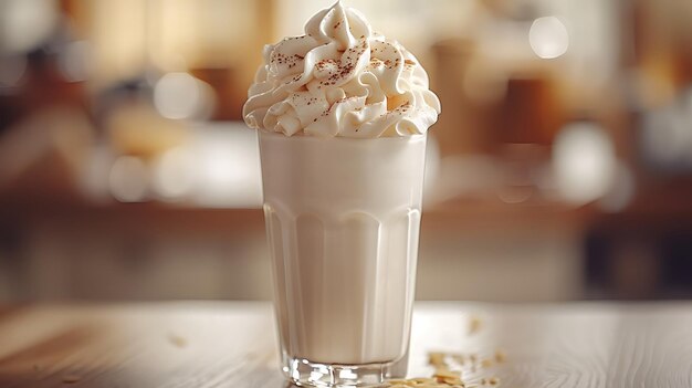 Foto um delicioso milkshake fresco numa mesa de madeira, de perto.